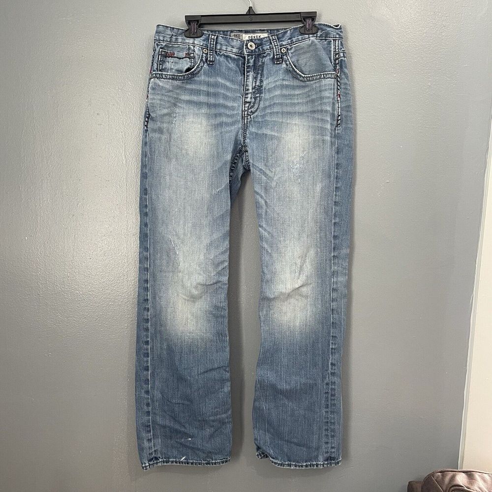 BKE Jeans Mens (33R) 33x32 Denim Derek Buckle Straight Distressed Denim Blue
